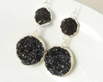50% OFF SALE - Silver Round Black Druzy Dangle Earrings - Black Geode Earrings - Silver or Gold