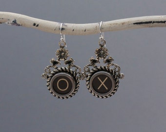 Typewrriter Key Jewelry-Typewriter Key Earrings - Vintage Black Letters "X O"-Typewriter Key Accessories-Dangle Typewriter Key Earrings