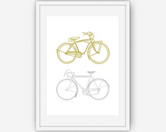Gold and Silver Bicycle Print, Bike Print, His and Hers Print, Bicycle Wall Art, Bicycle Print, Wall Art, Printable, Instant Download