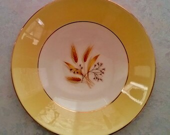Autumn Gold dish or shallow bowl, Homer Laughlin China Co, Century Service Corp, yellow & cream color, wheat pattern, gold gild/edge