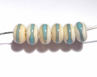 IVORY Turquoise Rondelles Handmade Glass Lampwork BEADS Ivory with Turquoise Blue Wrap Organic Rondelles Set of 6