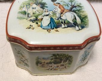 Vintage 1950's England Romantic Tin Container by George Horner Candy with Hinge Lid White