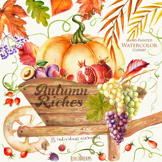Autumn Harvest Watercolor clipart. Fall Halloween Pumpkin