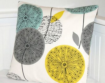 18 inch teal blue grey mustard yellow cushion cover, dandelion flower decorative pillow cover