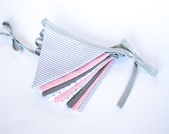 Decorative bunting banner garland, shabby chic fabric bunting flags, blush pink grey white pennants, baby bunting, pastel wall hanging