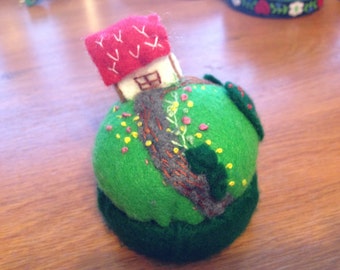 Miniature Cottage and garden on Pincushion