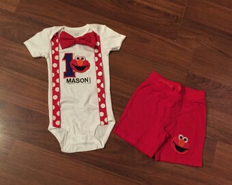 Elmo Personalized Embroidered First birthday, Boys birthday outfit, Baby boy first birthday, Elmo party, elmo suspender outfit