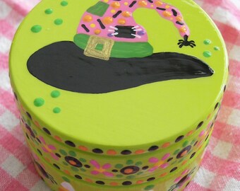 Hand Painted Love Boxes Halloween Witch Hat Pink Green Box Wood