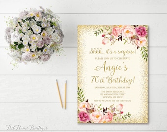 Surprise 70th Birthday Invitation, Any Age Women Birthday Invitation, Floral Ivory Women Birthday Invitation, Boho Invite, #BW23-70