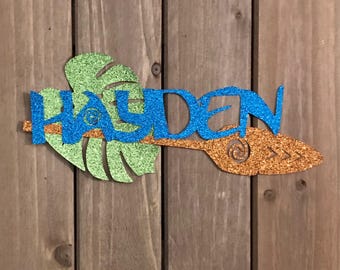 PERSONALIZED Moana Inspired Name with Moana's Oar and Tropical Leaf Glitter Die Cut/Party Decoration/ Embellishment/Cake Topper