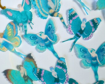 Edible Turquoise Flapper Butterfly Fairies Teal Blue Aqua Fairy Butterflies Wafer Paper Birthday Cake Decorations Cupcake Cookie Toppers