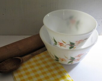 Fire King Milk Glass Peach Blossom Bowls, Gay Fad Mixing Bowls, Oven Ware Bowls