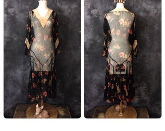 1930's black floral silk chiffon dress AS IS