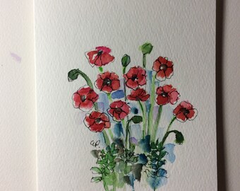 Red Poppies Watercolor Card / Hand Painted Watercolor Card