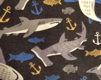 One Half Yard of Fabric - Sharks on Black, FLANNEL, Shark Flannel Fabric