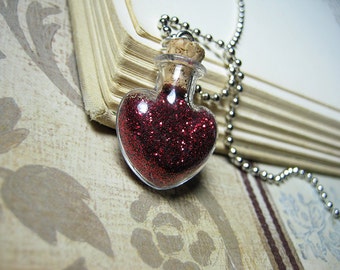 Red Heart Glass Bottle Necklace Charm - Red Heart Vial Pendant - Fairy Tale Red Bloody Heart