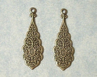 2 Antique Brass Stampings , Brass Earring Drops, Earring Components, Embossed Earring Dangles