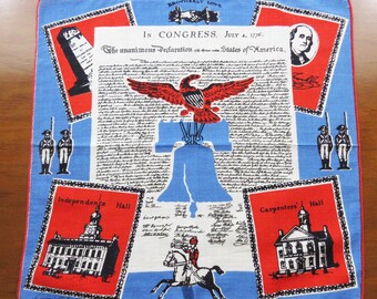 Vintage Tammis Keefe Handkerchief - Declaration of Independence - Red White Blue - Hand Rolled