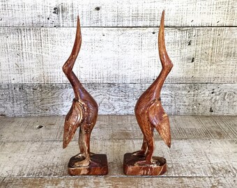 Crane Figurines 2 Wooden Crane Bird Sculpture Egret Figurine Heron Sculpture Hand Carved Bird Wood Sculpture Folk Art Sculpture Mid Century