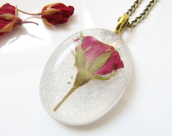 Real Red Rose Necklace, Pressed Rosebud, Real Flower Jewelry, Bridal Gift, Gift for Her