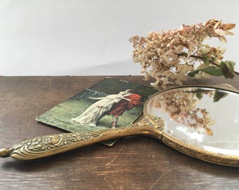 Antique brass hand mirror Vanity mirror Antique brass mirror Dresser accessory