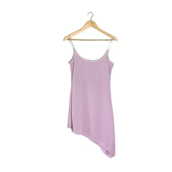 90s pink metallic dress / clubbing / light pink asymmetric dress / diamonte strapped dress / spaghetti strap 90s hankachief dress