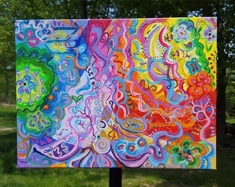 Rainbow Ribbons - psychedelic acrylic painting on canvas