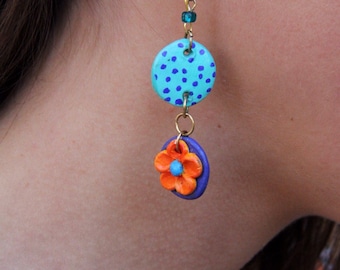 Polka Dots and Flower Handcrafted Polymer Clay Earrings