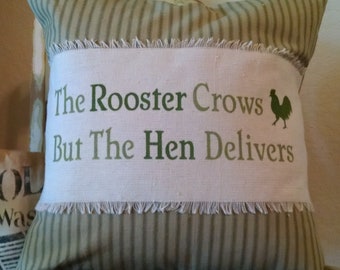 Shabby French 16”x16” The Rooster Crows...Sage Homespun Pillow Cover