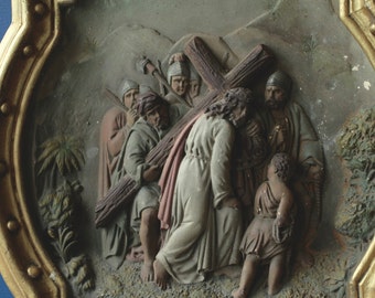 Antique French Church Station of the Cross, Fifth Station Jesus & Simonof Cyrene.