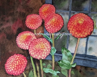 Water Color : Original Pink Zinnias Watercolor Painting. Zinnia painting. Watercolor art. Watercolor floral. Zinnia wall art. Zinnia picture