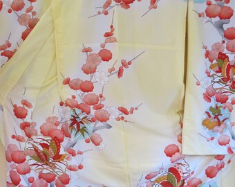 FURISODE KIMONO Antique Japanese Silk Kimono Buttereflies Embroidery Cherry Blossom Yellow Sakura Butterfly Silk Japanese Furisode Kimono
