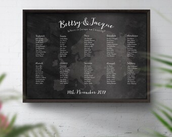 Seating Chart Chalkboard Style, Europe Wedding Table Plan, Table Plan Map, Europe Map Seating Plan, Rustic Travel Wedding, Bohemian Theme
