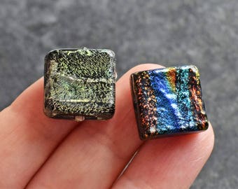 2 beads, Dichroic Glass, square shaped craft beads