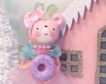 Christmas ornament pastel holiday pink bear with doughnut candy theme christmas bear ornament vintage retro inspired art doll