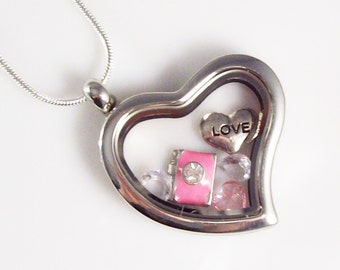 Love My Camera Stainless Steel Heart Living Locket - 30mm w/ 22" Silver Plated Snake Chain - Perfect gift for Photographer w/Organza Bag