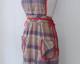 70's Softest Plaid Thin Flannel Cotton Dress Pinafore Side Tie Oops California Hippy Boho Pocket Overall Jumper M