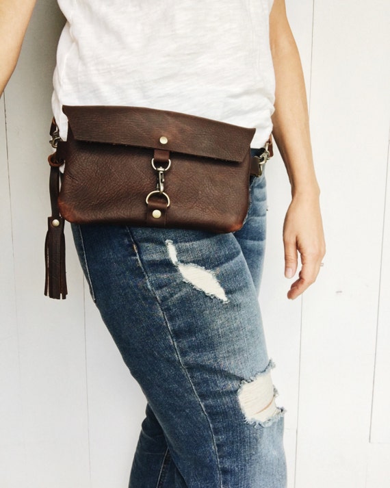 Leather fanny pack leather hip bag brown leather belt bag