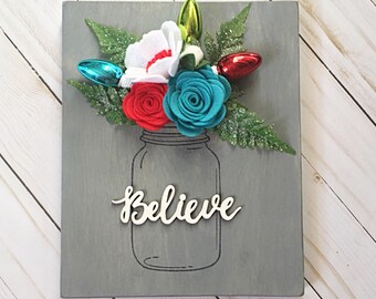 Christmas sign Felt florals in mason jar wood sign