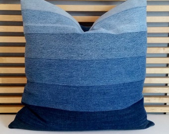 Seven Shades of Indigo Blue Denim Ombre Throw Pillow Cover