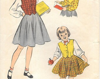 Girls 6 or 8 Advance 5577 1950s Gore Skirt Blouse and Weskit Vintage Sewing Pattern Vest Flared Skirt