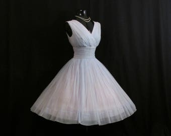 Vintage 1950's 50s Icy Pale Blue Ruched CHIFFON Organza Party Prom Wedding Dress S/M