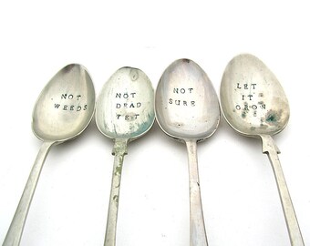 Gardeners Markers, Funny Vegetable Plant Labels, Hand Stamped Mismatched Vintage Dessert Spoons, Rustic Plant Markers, Gardener Gift