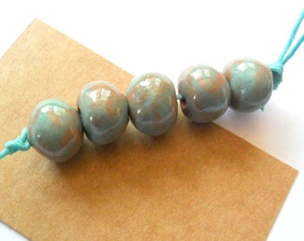 12mm Glossy Blue Green Terra Cotta Clay Kiln Fired Beads, set of 5