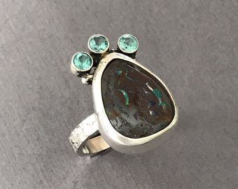 Australian Boulder Opal , Apatite , ring, handmade , hand textured , size 9-1/2