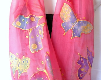 Hand Painted Silk Scarf, Butterflies, Salmon Pink Multicolor, Silk Chiffon Scarf, Gift For Her
