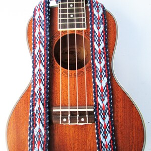 Handwoven Ukulele Strap, Southwestern Colors, Fancy Weave, Free Leather Headstock Strap Holder