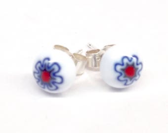 Murano Glass Millefiori Stud Earrings - Red, White and Blue Flower on Sterling Silver Stud Post