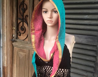 Reversible Hood/ Summer Festival Hood/ Music Festival Hood/ Boho Silk Hood/ Reversible Infinity Hooded Scarf/ Cowl Hooded Scarf/ Unisex Hood