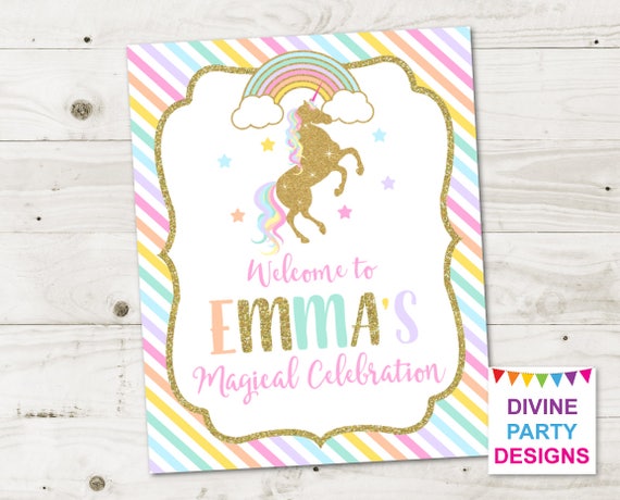 personalized printable gold glitter unicorn and rainbows